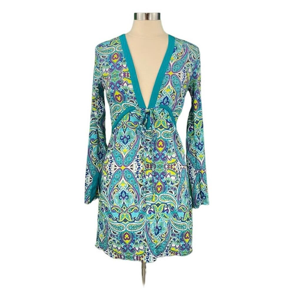 Athleta teal purple long sleeve paisley swim cover-up tunic size XS
 b43